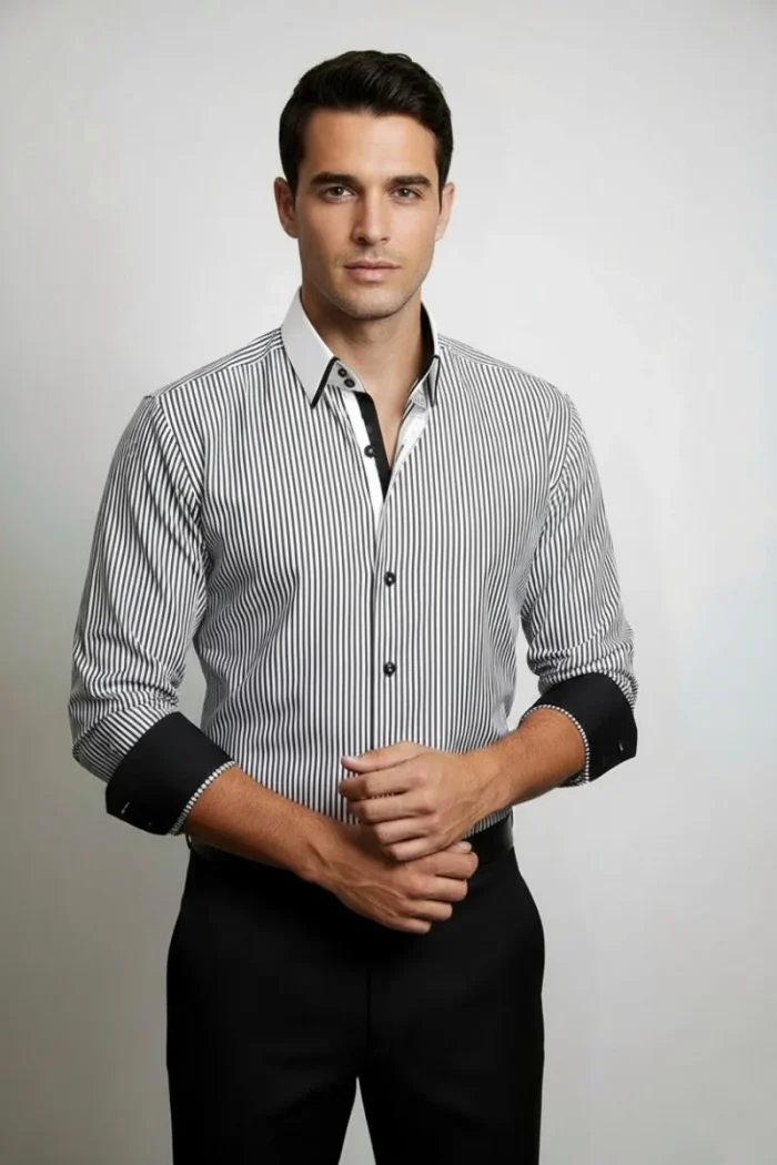 Men’s black color imp shirt front view with striped