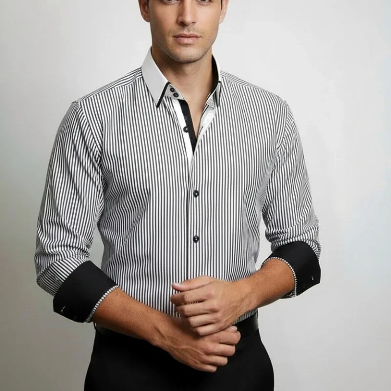 Men’s black color imp shirt front view with striped