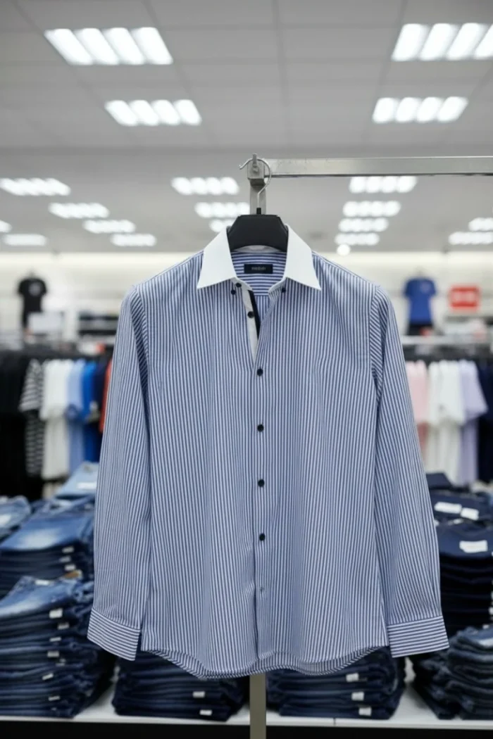 Men’s blue color imp shirt front view with striped