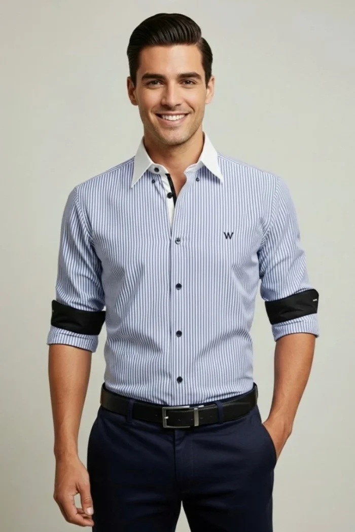 Men’s blue color imp shirt front view with striped