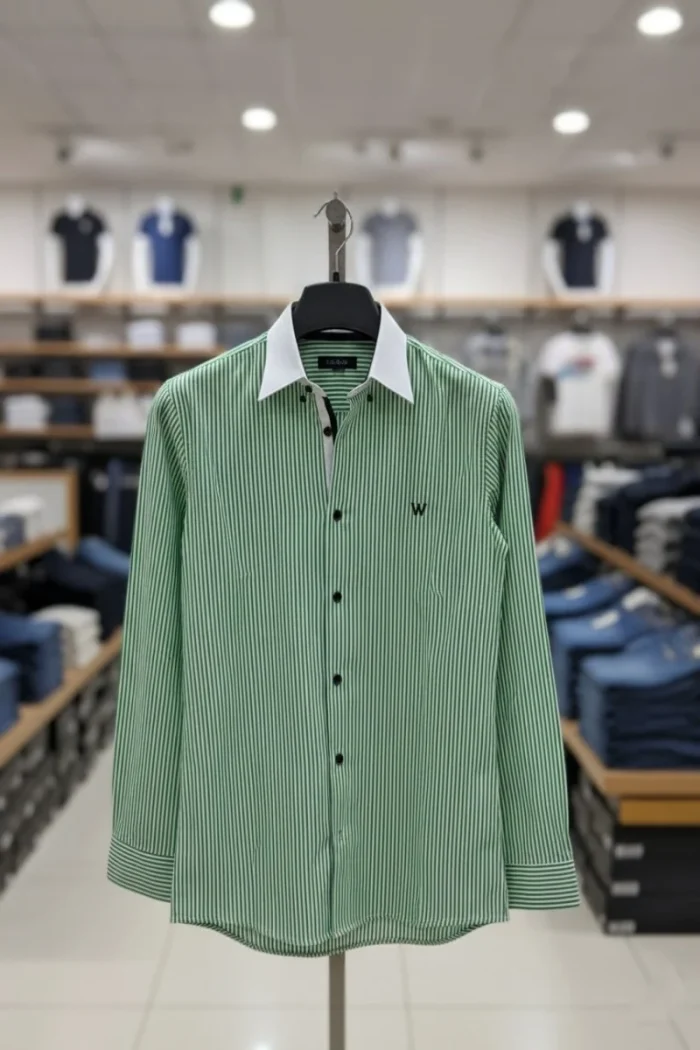 Men’s green color imp shirt front view with striped