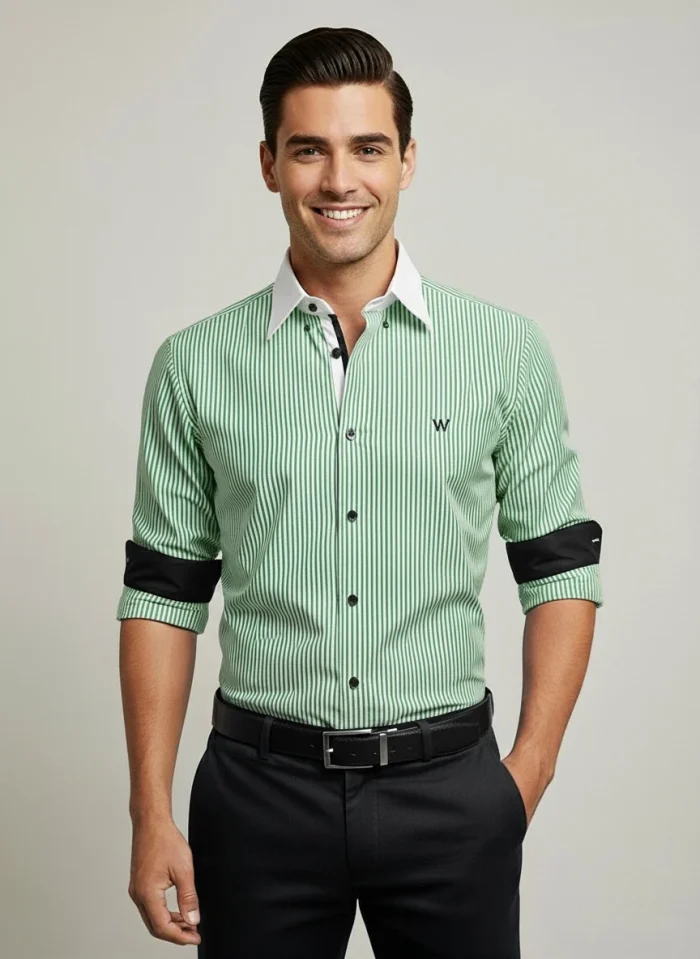 Men’s green color imp shirt front view with striped