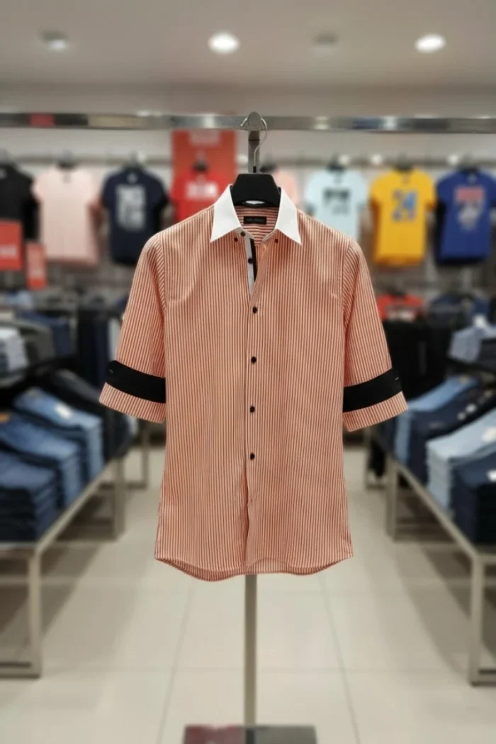 Men’s ornge color imp shirt front view with striped