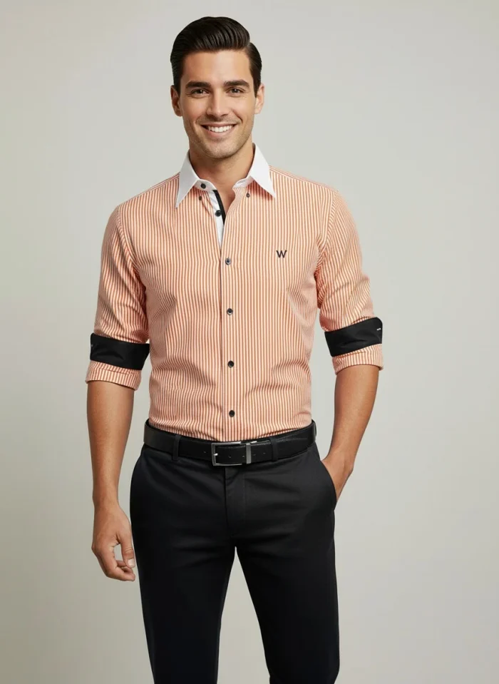 Men’s ornge color imp shirt front view with striped